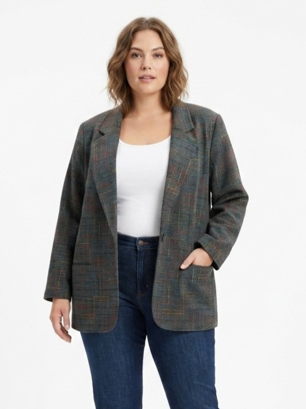 Sag Harbor Woman Plaid Tweed Blazer Size 20W Gray/Multicolor